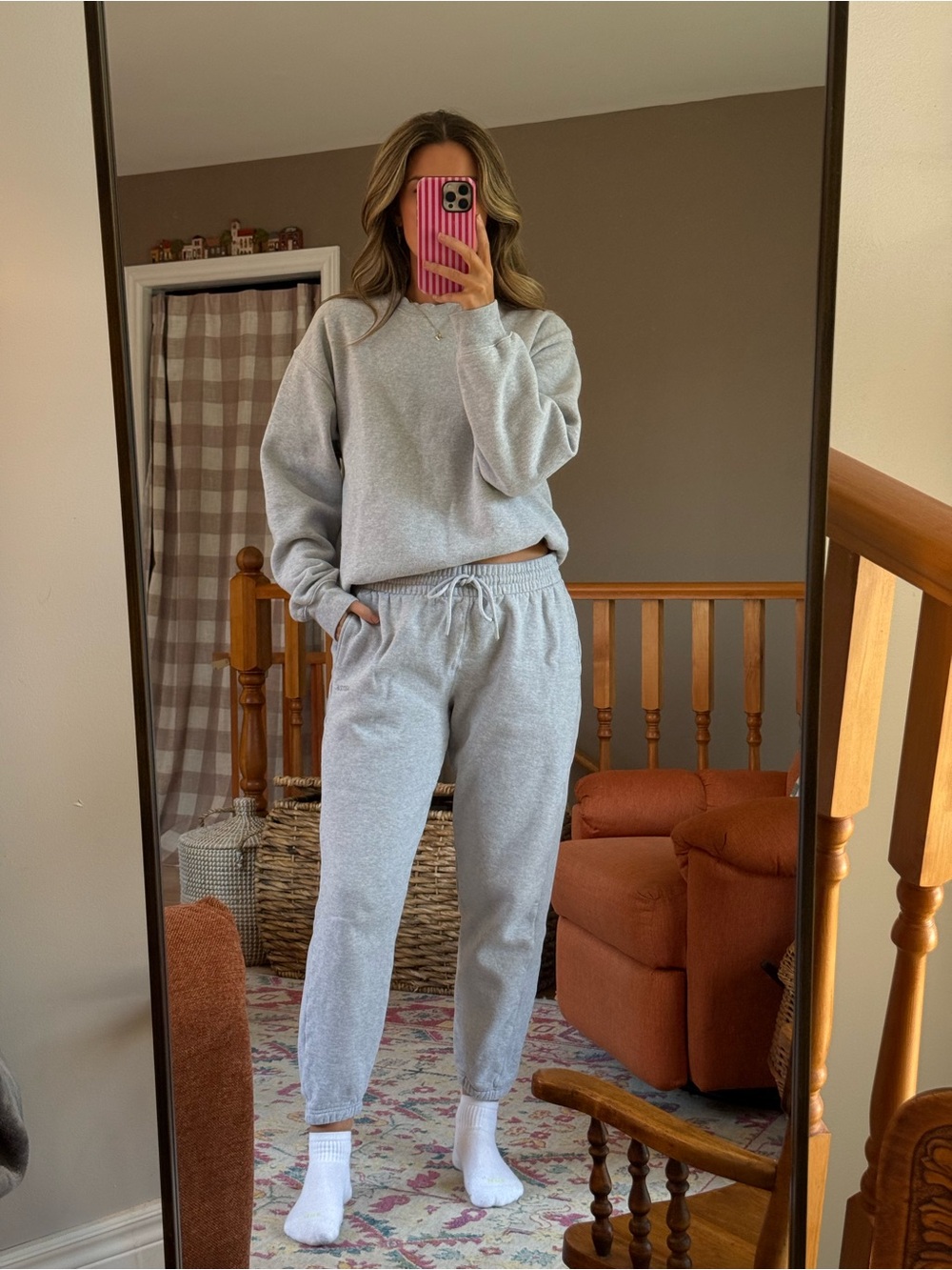 Aritzia Sweat Fleece Heather Gray Elastic Waist Track Joggers & Crew Neck